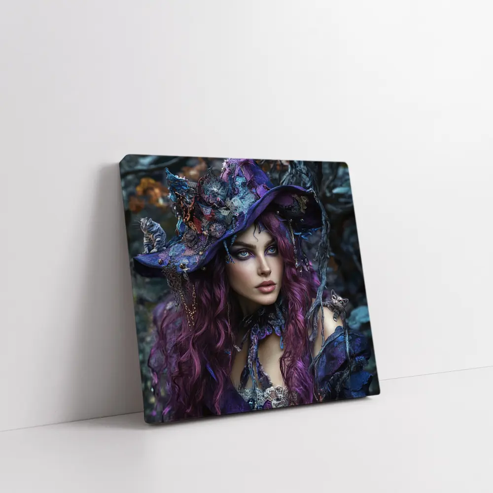 Purple Witch Woman With Cats Dark Fantasy – Wall Art