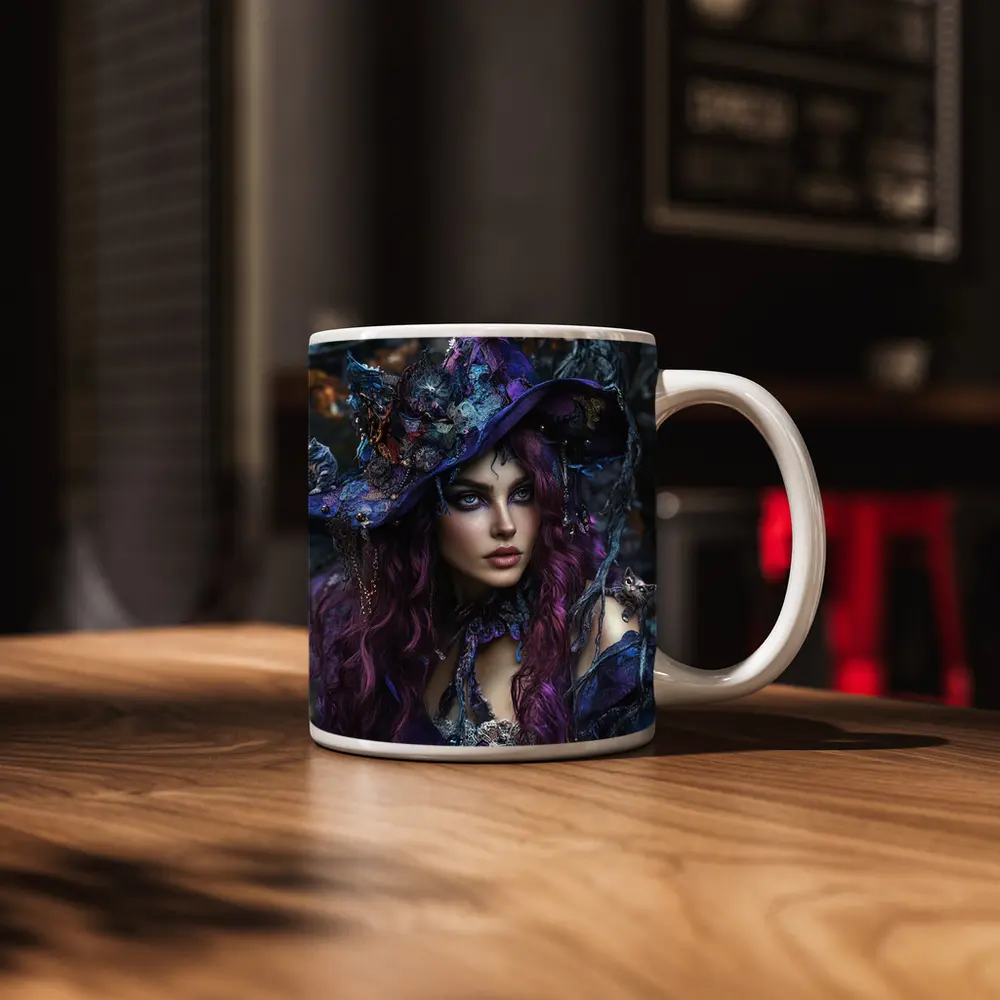 Purple Witch Woman With Cats Dark Fantasy – Mugs