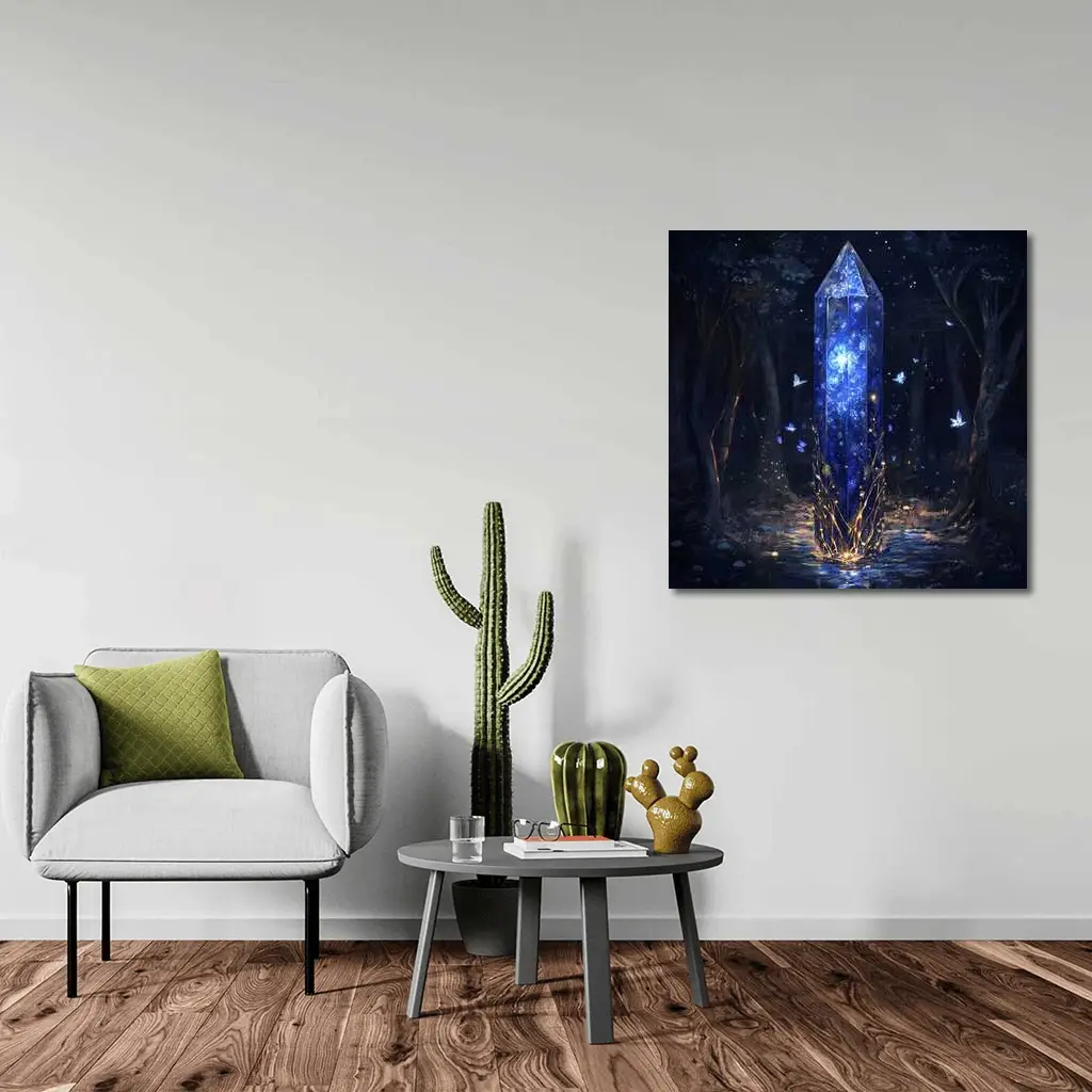 Glowing Crystal Obelisk Dark Fantasy Forest – Wall Art
