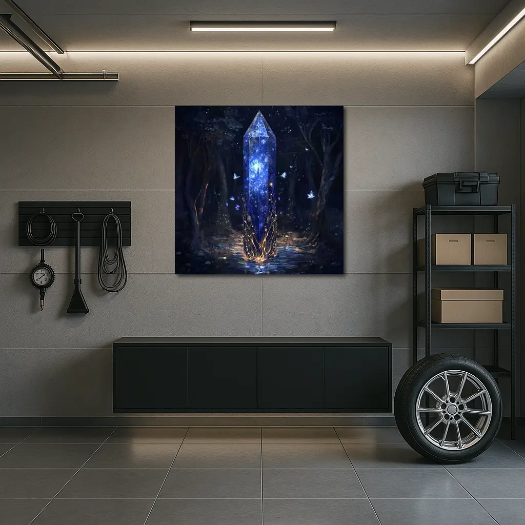 Glowing Crystal Obelisk Dark Fantasy Forest – Wall Art