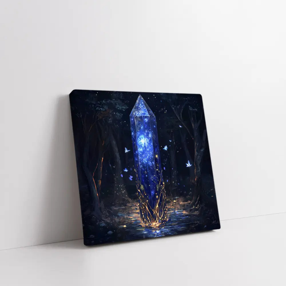 Glowing Crystal Obelisk Dark Fantasy Forest – Wall Art