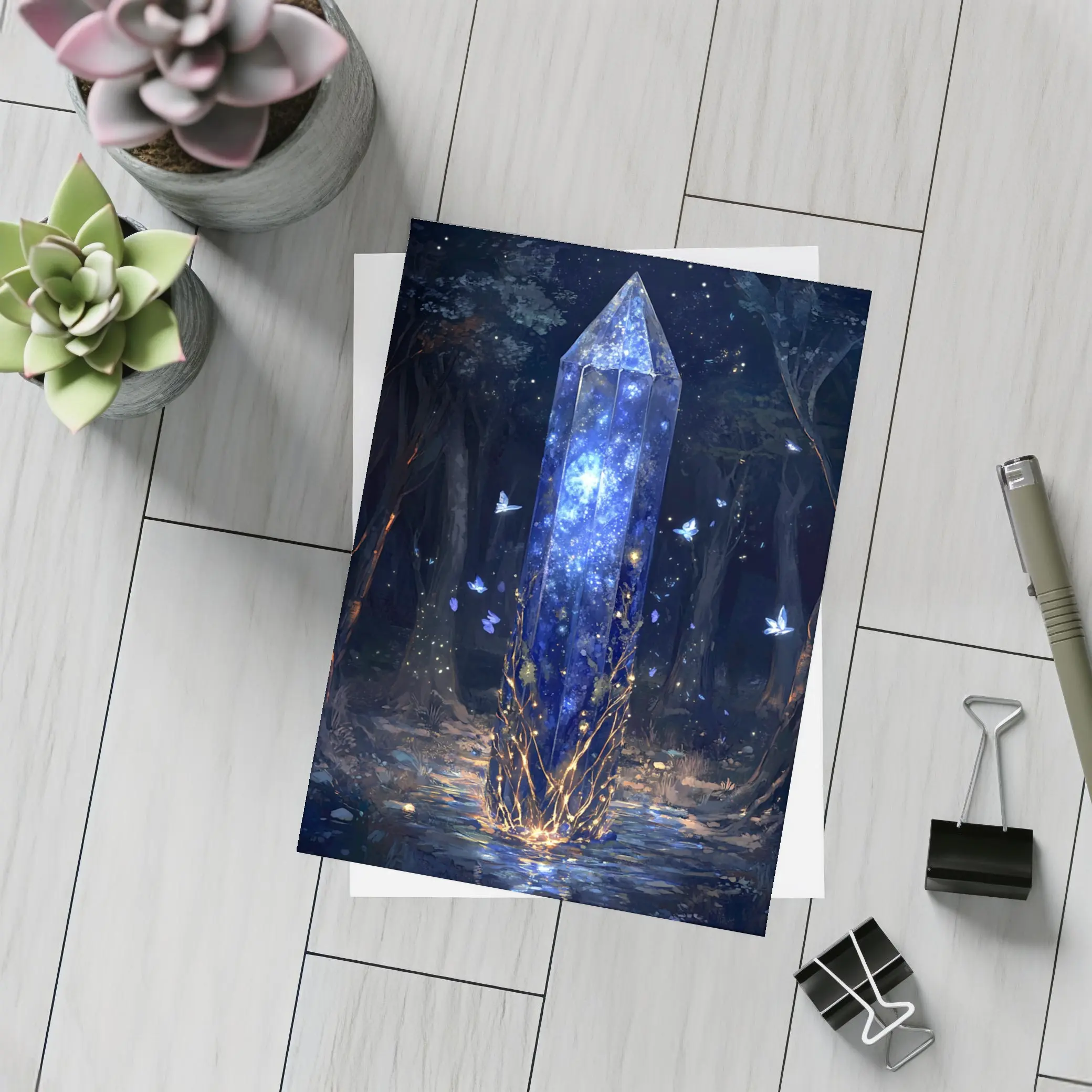 Glowing Crystal Obelisk Dark Fantasy Forest – Postcards