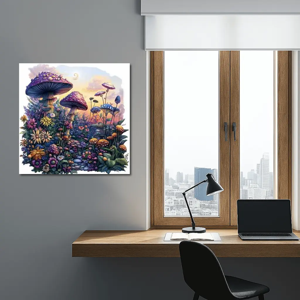 Fantasy Mushrooms and Wildflowers Sunset Garden – Wall Art