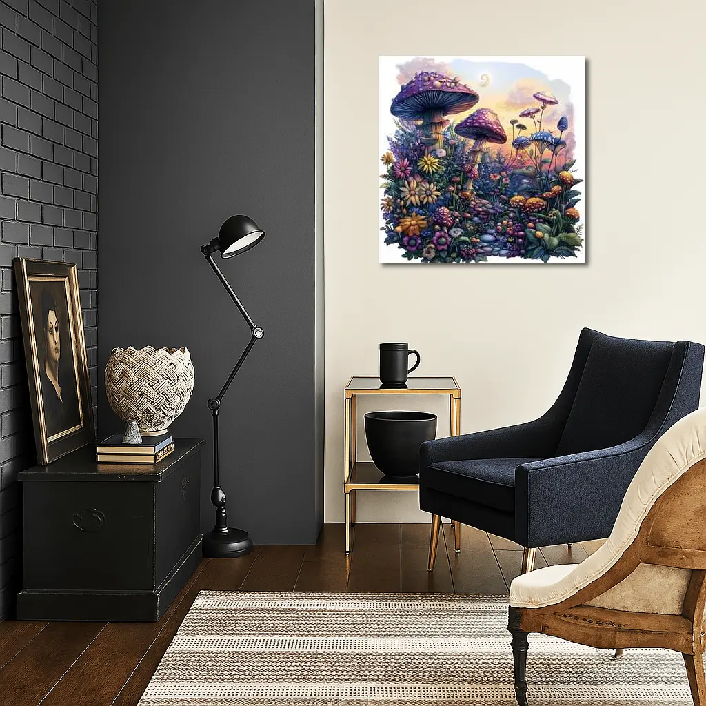 Fantasy Mushrooms and Wildflowers Sunset Garden – Wall Art