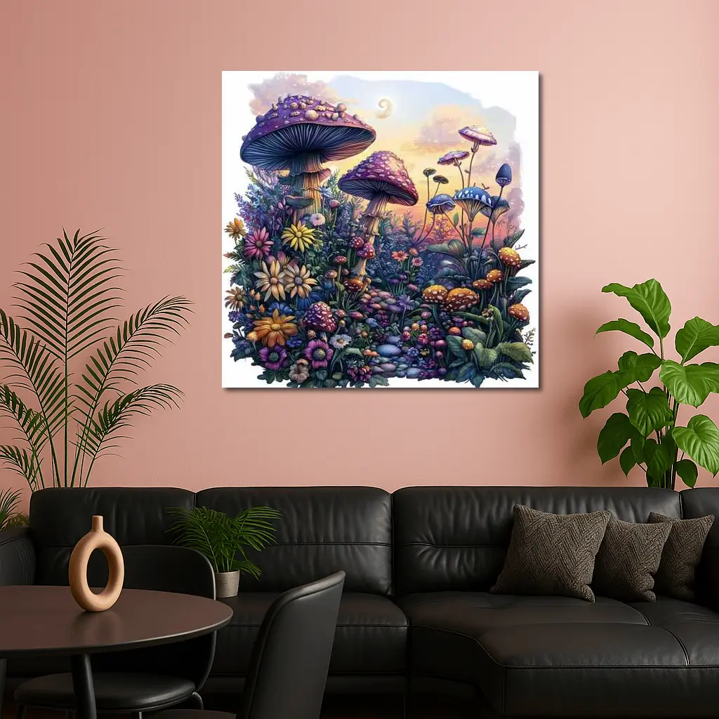 Fantasy Mushrooms and Wildflowers Sunset Garden – Wall Art