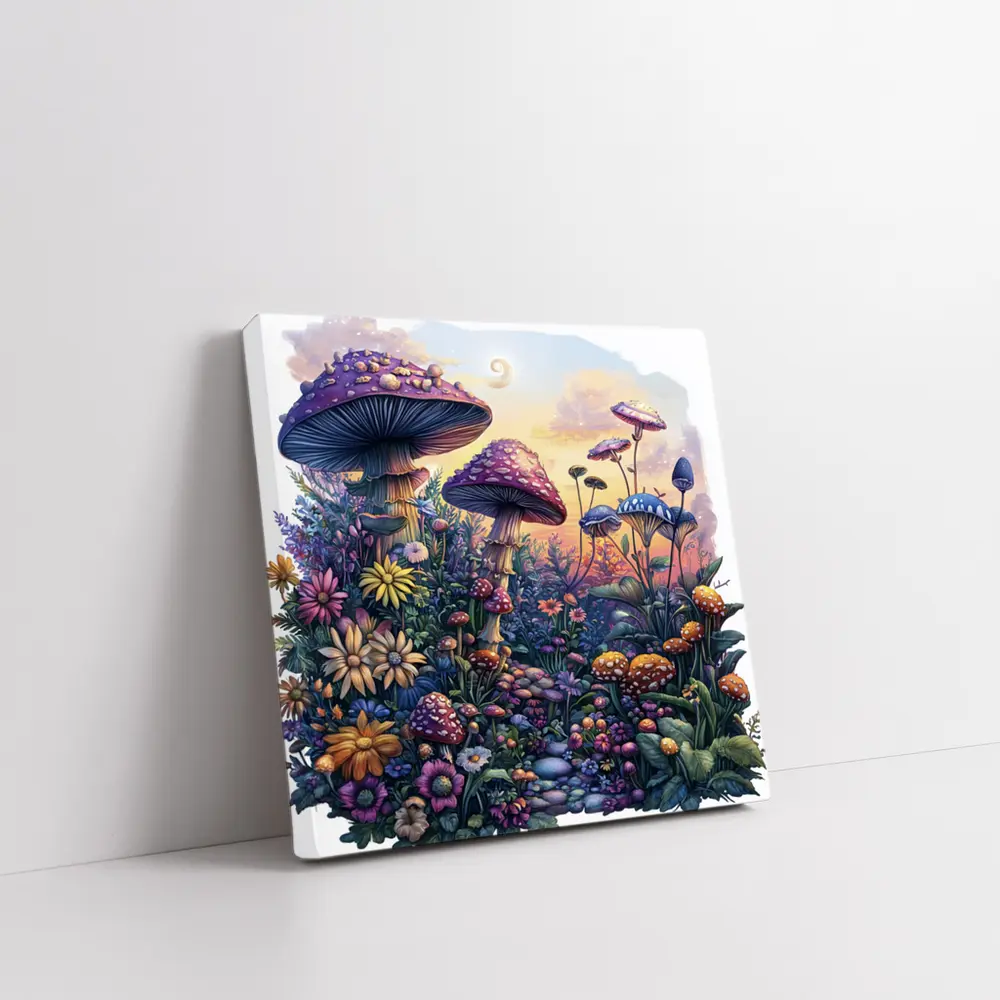 Fantasy Mushrooms and Wildflowers Sunset Garden – Wall Art