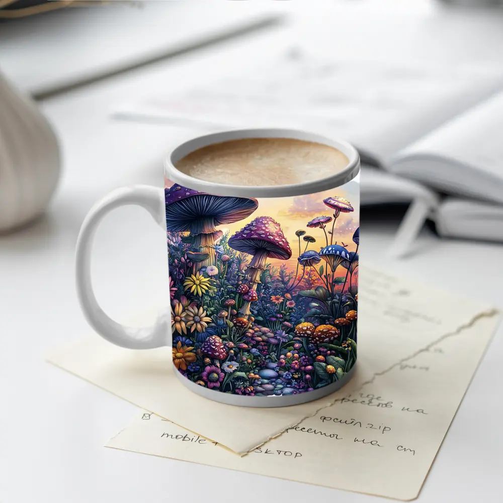 Fantasy Mushrooms and Wildflowers Sunset Garden – Mugs