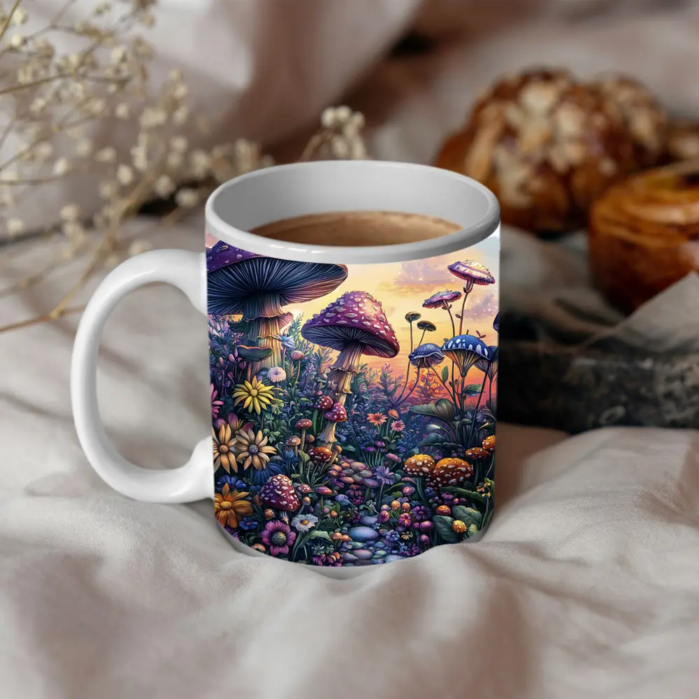 Fantasy Mushrooms and Wildflowers Sunset Garden – Mugs