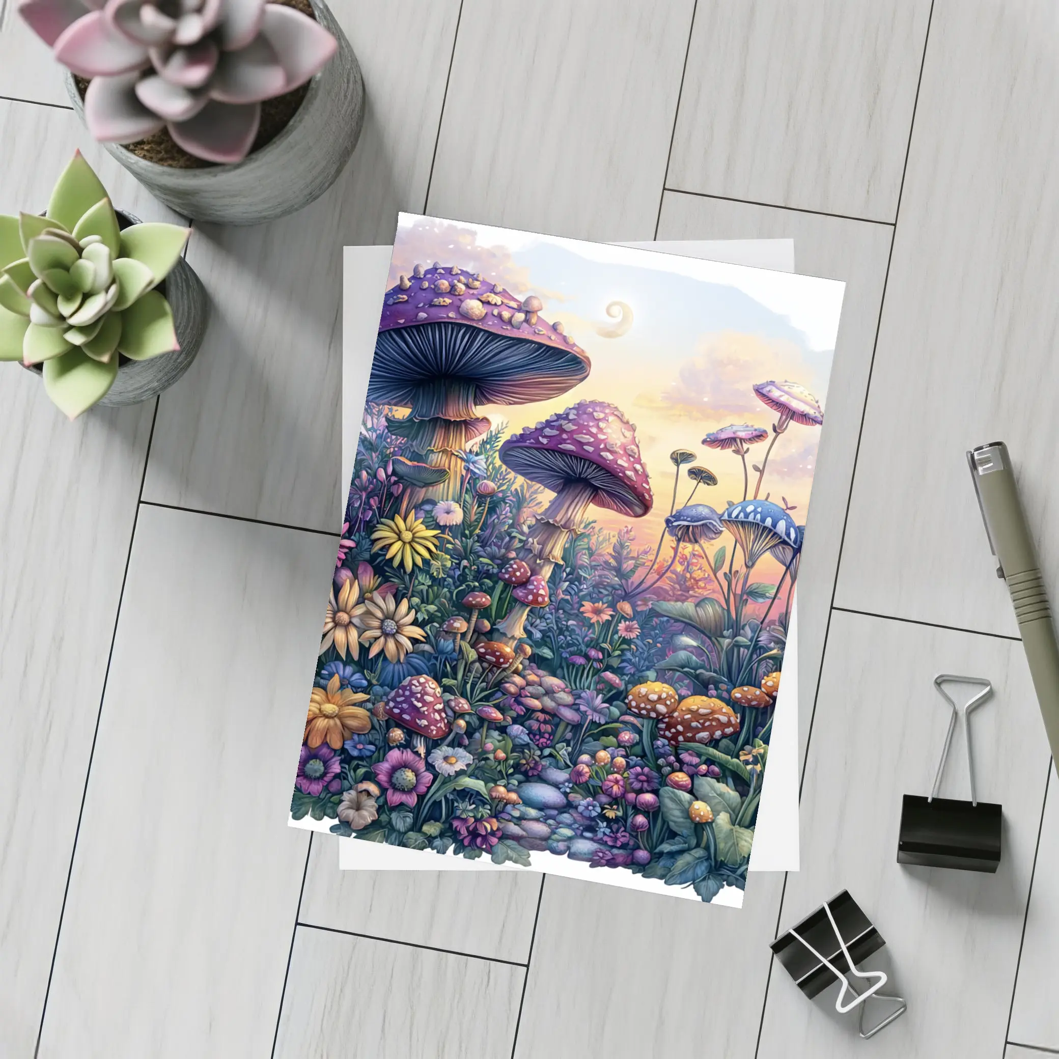 Fantasy Mushrooms and Wildflowers Sunset Garden – Postcards