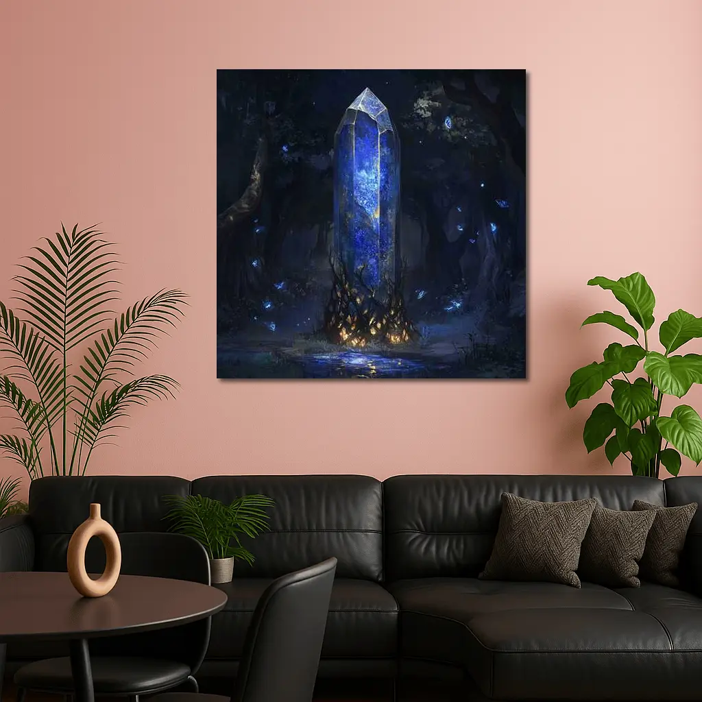 Glowing Blue Crystal Tower Dark Fantasy Forest – Wall Art