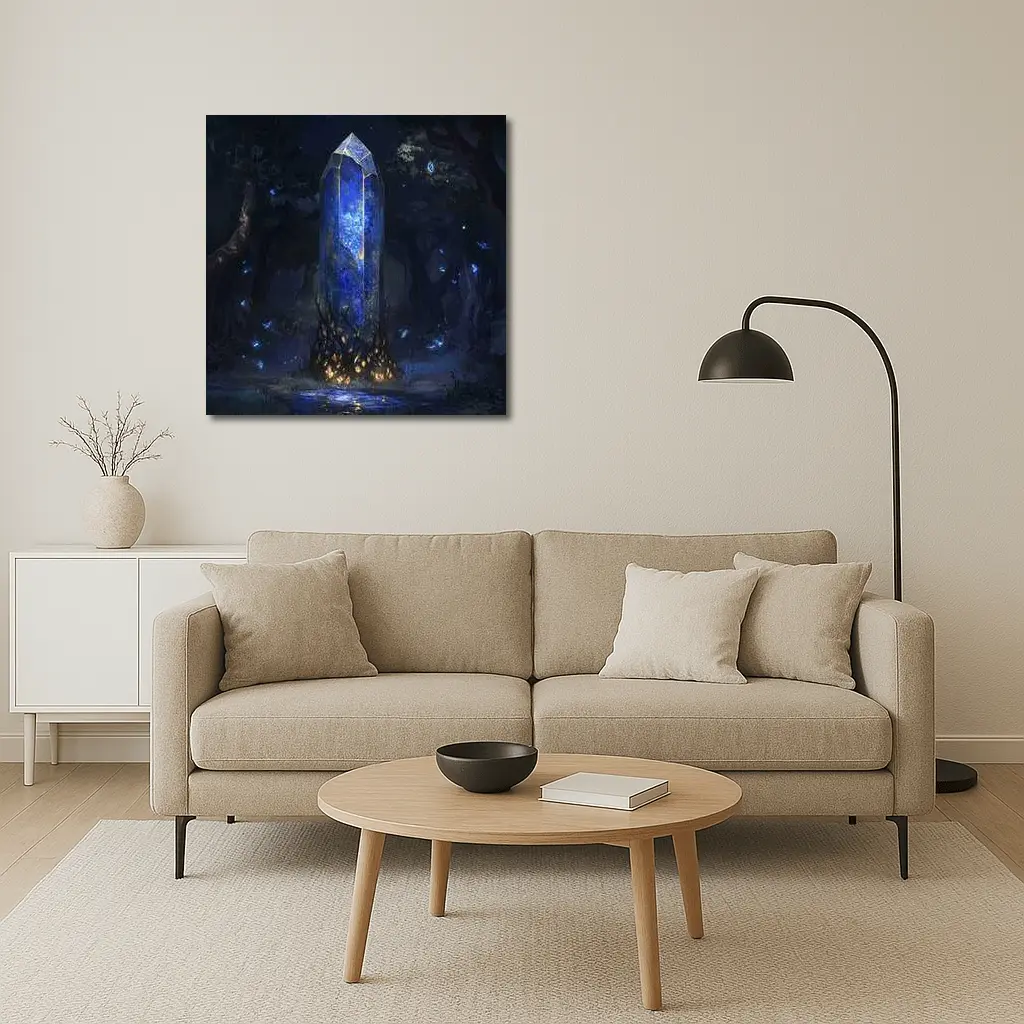Glowing Blue Crystal Tower Dark Fantasy Forest – Wall Art