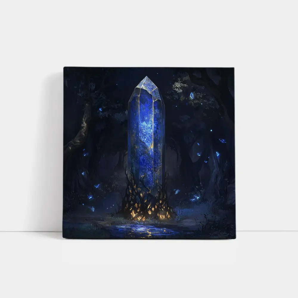 Glowing Blue Crystal Tower Dark Fantasy Forest – Wall Art