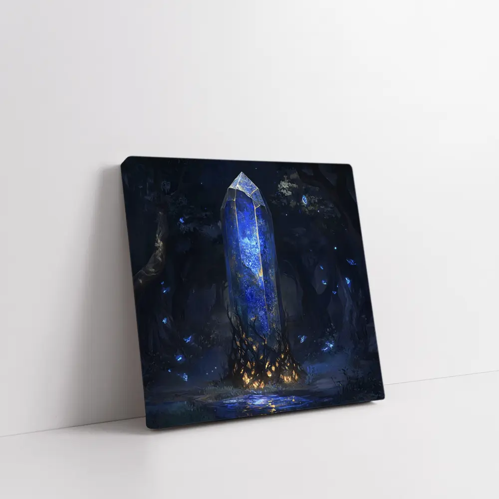 Glowing Blue Crystal Tower Dark Fantasy Forest – Wall Art