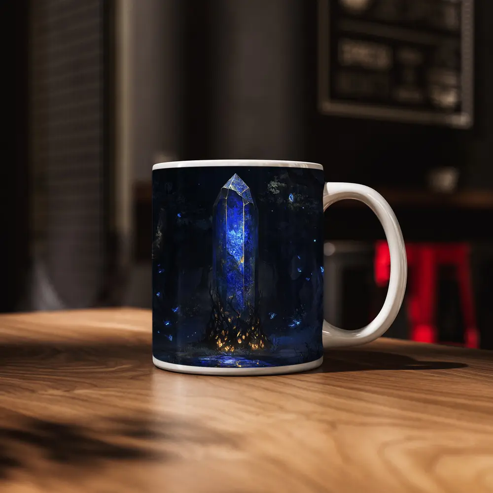 Glowing Blue Crystal Tower Dark Fantasy Forest – Mugs