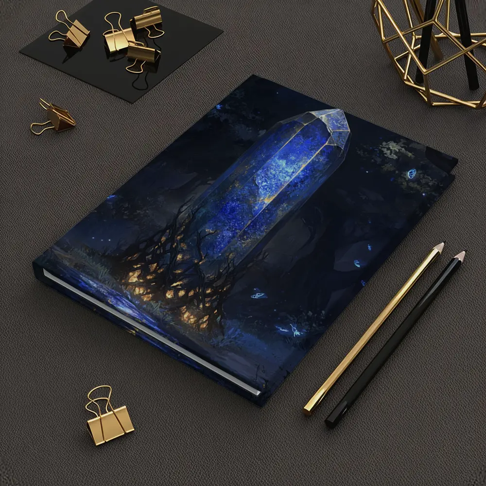Glowing Blue Crystal Tower Dark Fantasy Forest – Notebooks