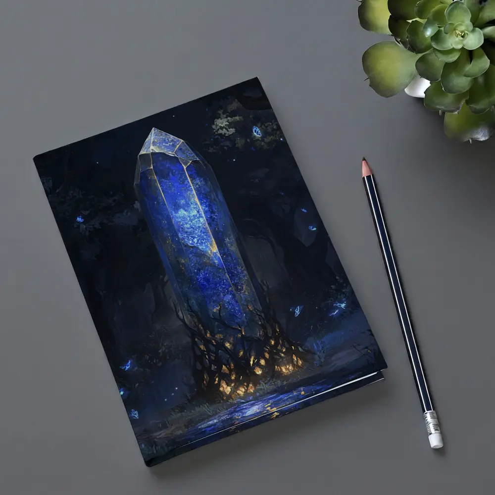 Glowing Blue Crystal Tower Dark Fantasy Forest – Notebooks