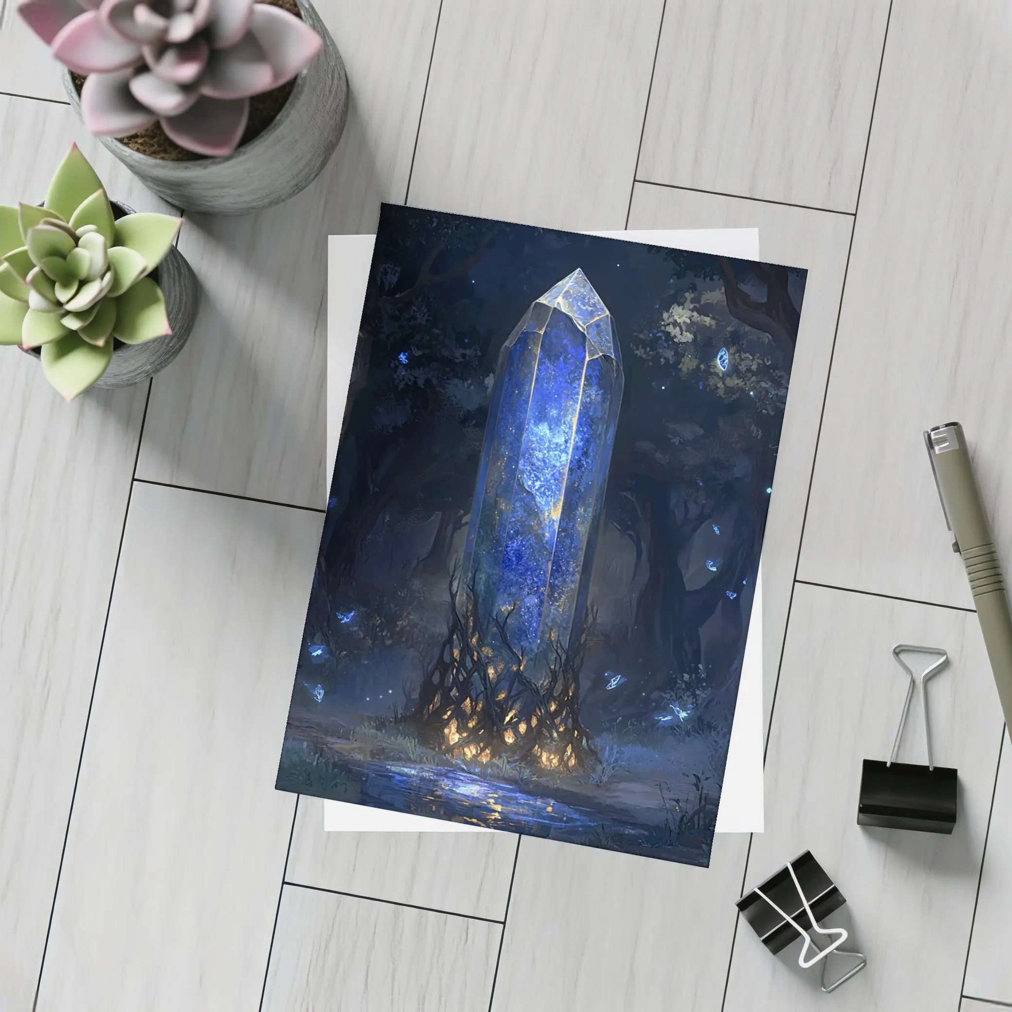 Glowing Blue Crystal Tower Dark Fantasy Forest – Postcards
