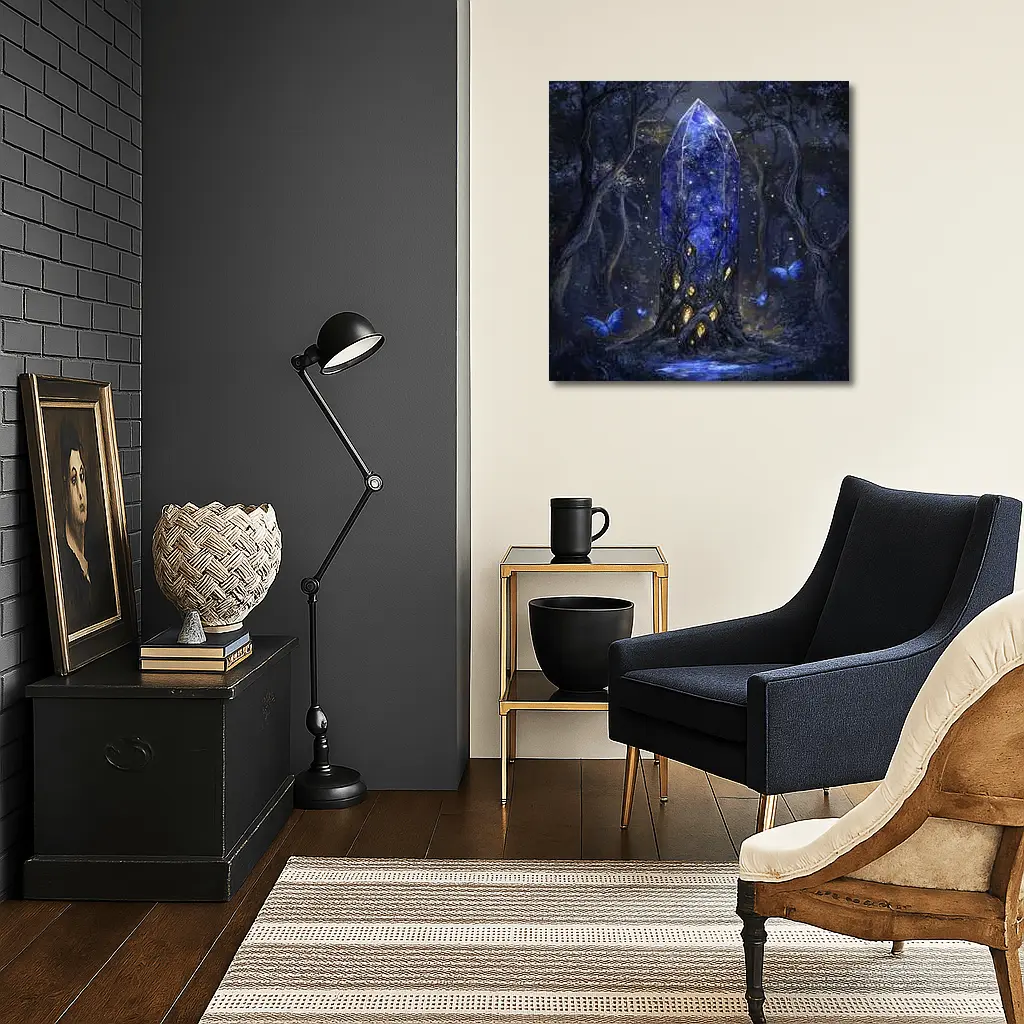 Glowing Crystal Tower Dark Fantasy Forest – Wall Art