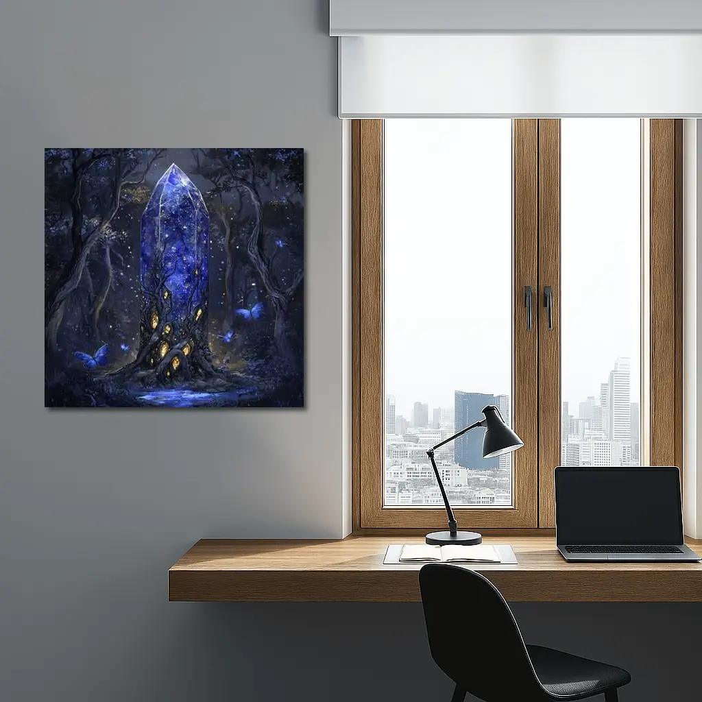 Glowing Crystal Tower Dark Fantasy Forest – Wall Art