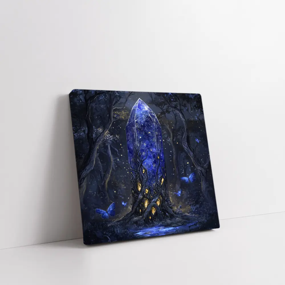Glowing Crystal Tower Dark Fantasy Forest – Wall Art