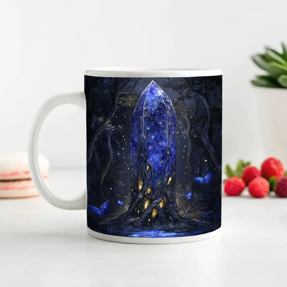 Glowing Crystal Tower Dark Fantasy Forest – Mugs