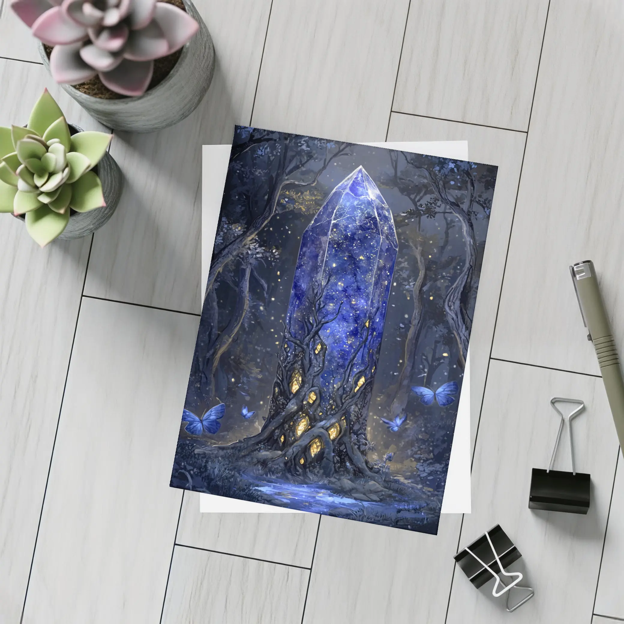 Glowing Crystal Tower Dark Fantasy Forest – Postcards