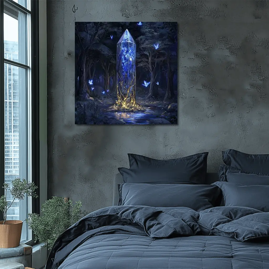 Glowing Crystal Tower Enchanted Dark Forest – Wall Art