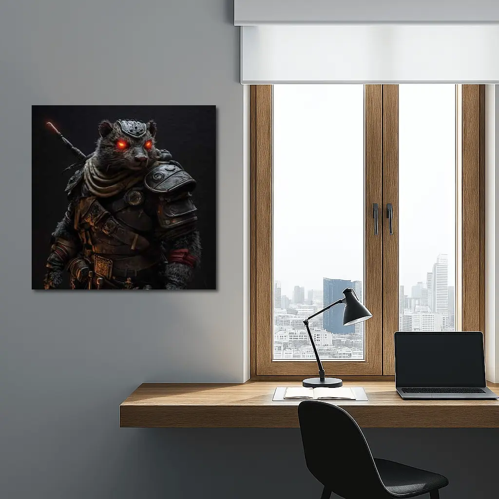 Raccoon Warrior Dark Fantasy Armor Portrait – Wall Art