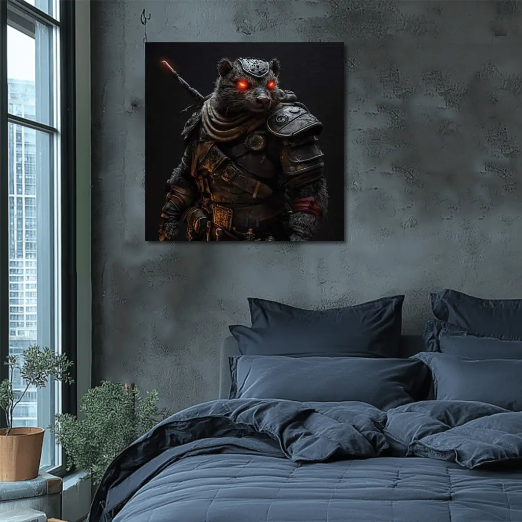 Raccoon Warrior Dark Fantasy Armor Portrait – Wall Art