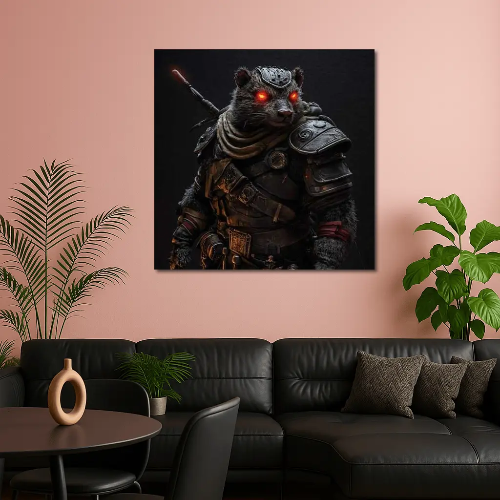 Raccoon Warrior Dark Fantasy Armor Portrait – Wall Art