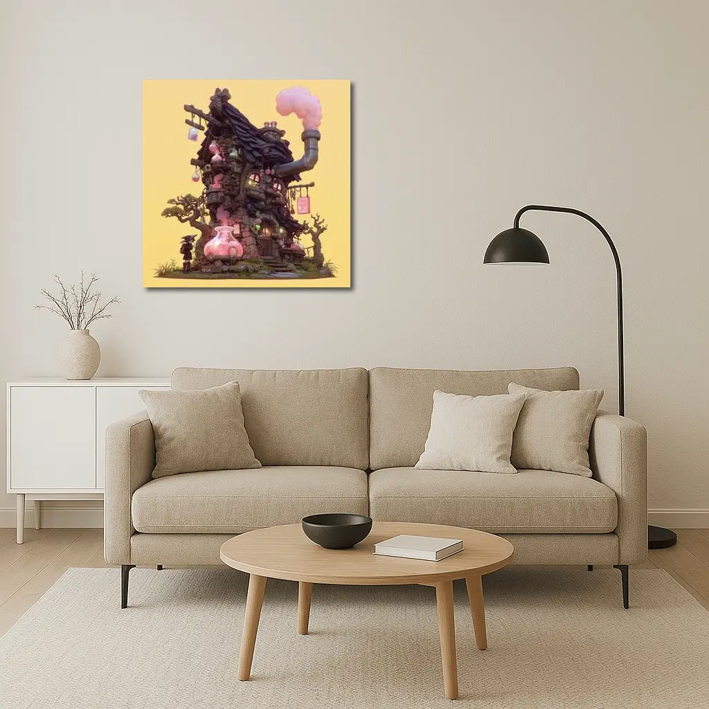 Witch Alchemy Shop Fantasy Art Yellow Background – Wall Art