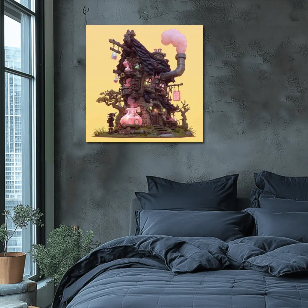 Witch Alchemy Shop Fantasy Art Yellow Background – Wall Art