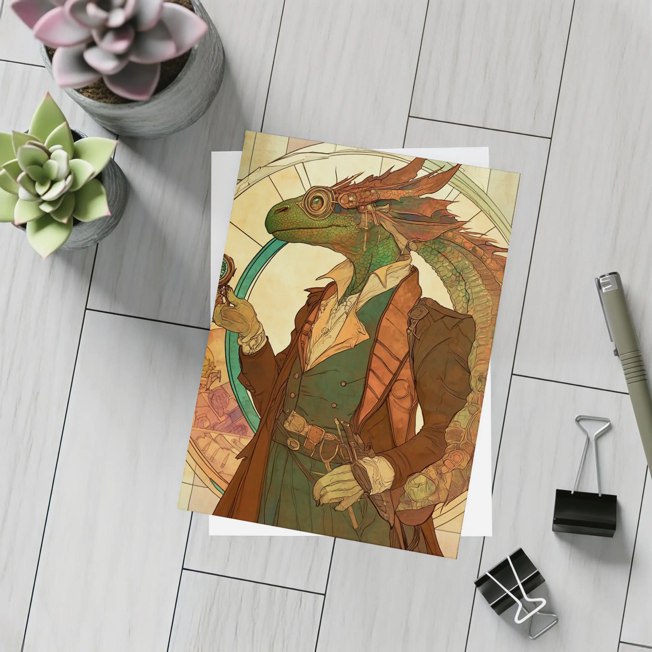 Steampunk Lizard Explorer Art Nouveau Style – Postcards