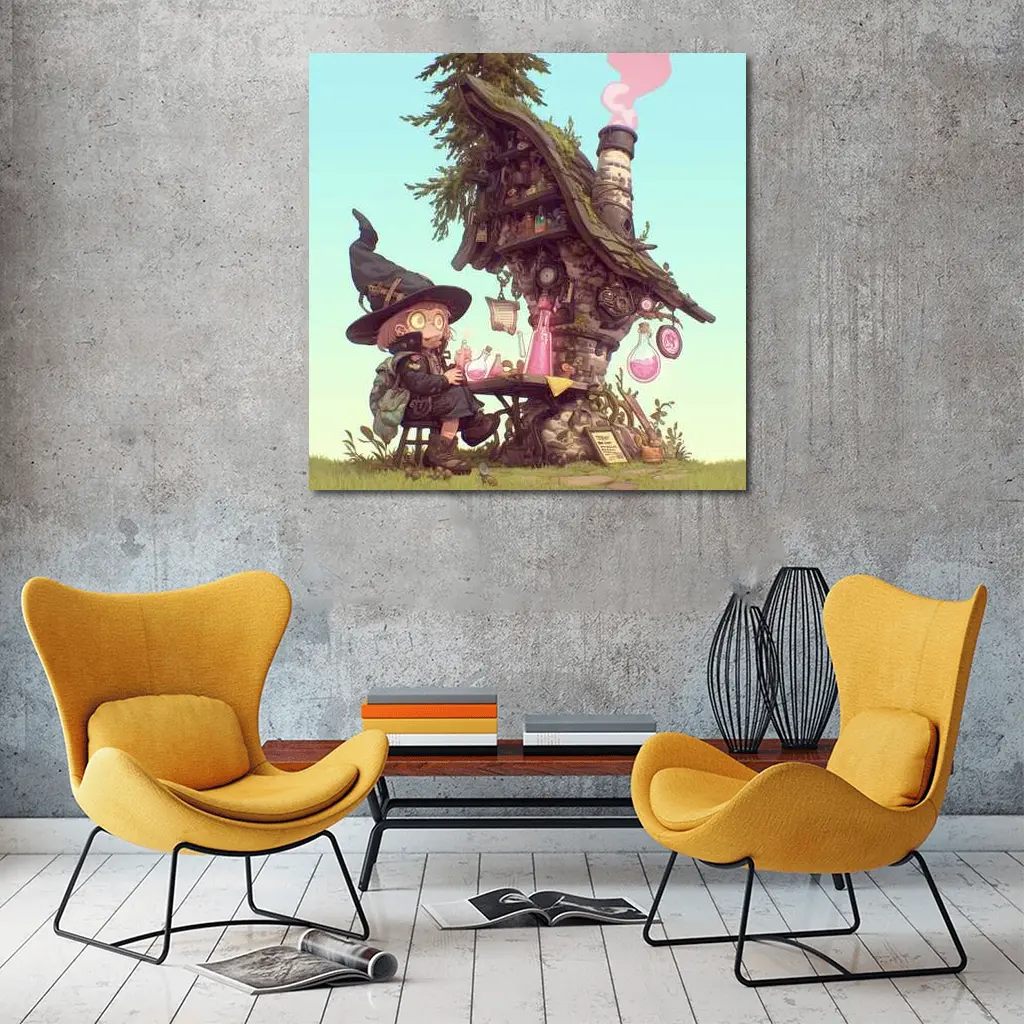 Cartoon Witch Girl Potion Lab Tree House – Wall Art