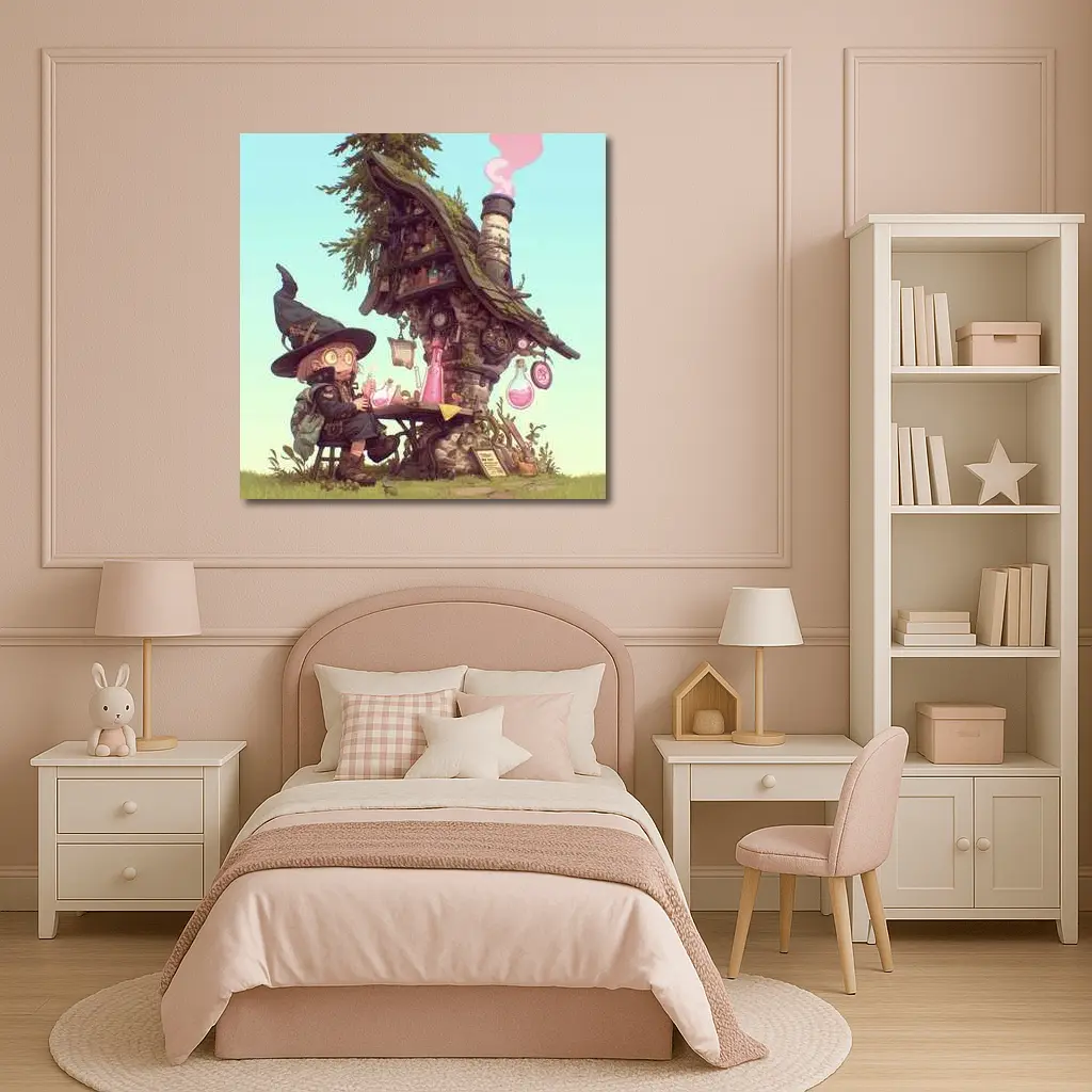 Cartoon Witch Girl Potion Lab Tree House – Wall Art