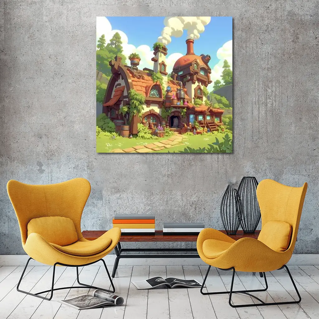 Fantasy Potion Shop Whimsical Cartoon Village Art – Wall Art