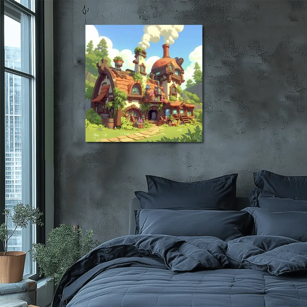 Fantasy Potion Shop Whimsical Cartoon Village Art – Wall Art