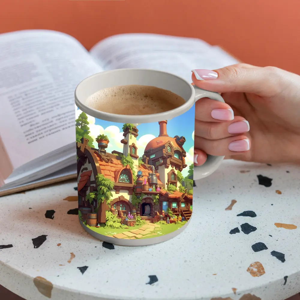 Fantasy Potion Shop Whimsical Cartoon Village Art – Mugs