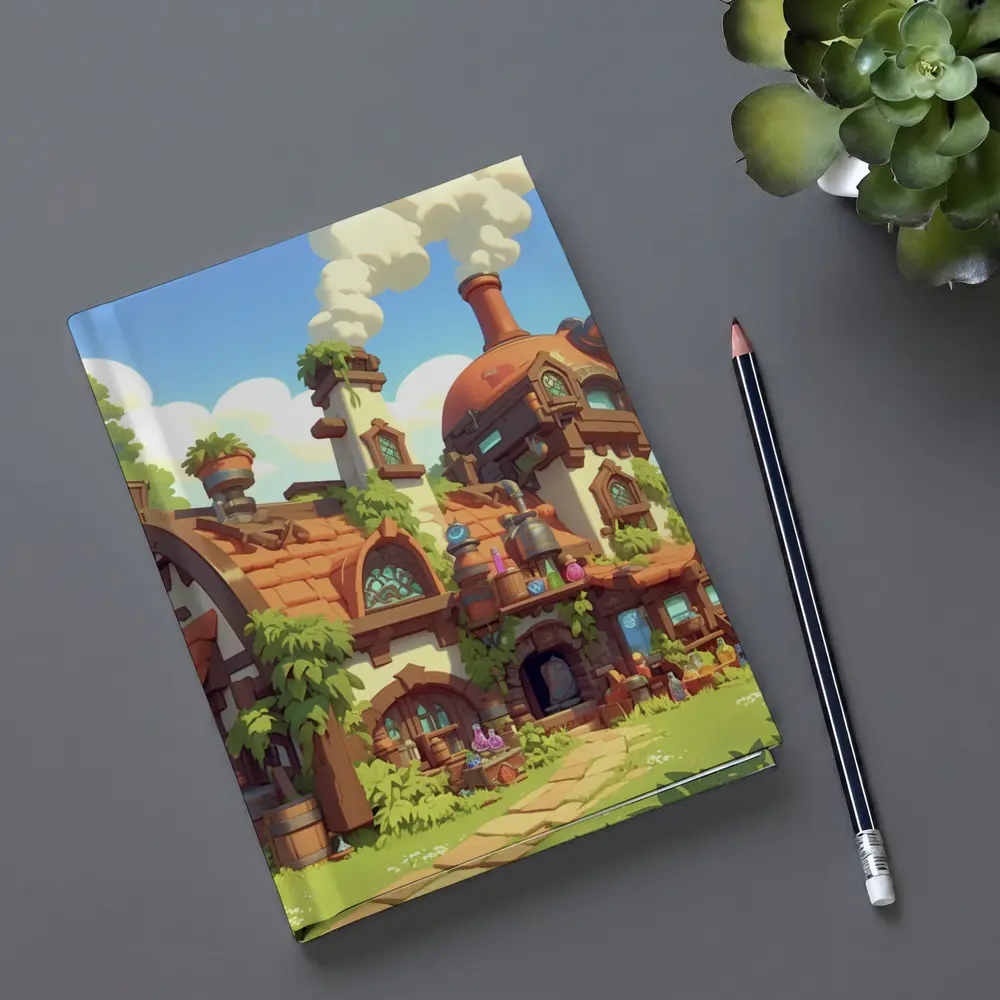 Fantasy Potion Shop Whimsical Cartoon Village Art – Notebooks