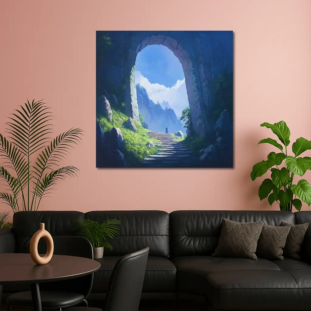 Fantasy Stone Arch Gateway Mountain Landscape Painting – Wall Art
