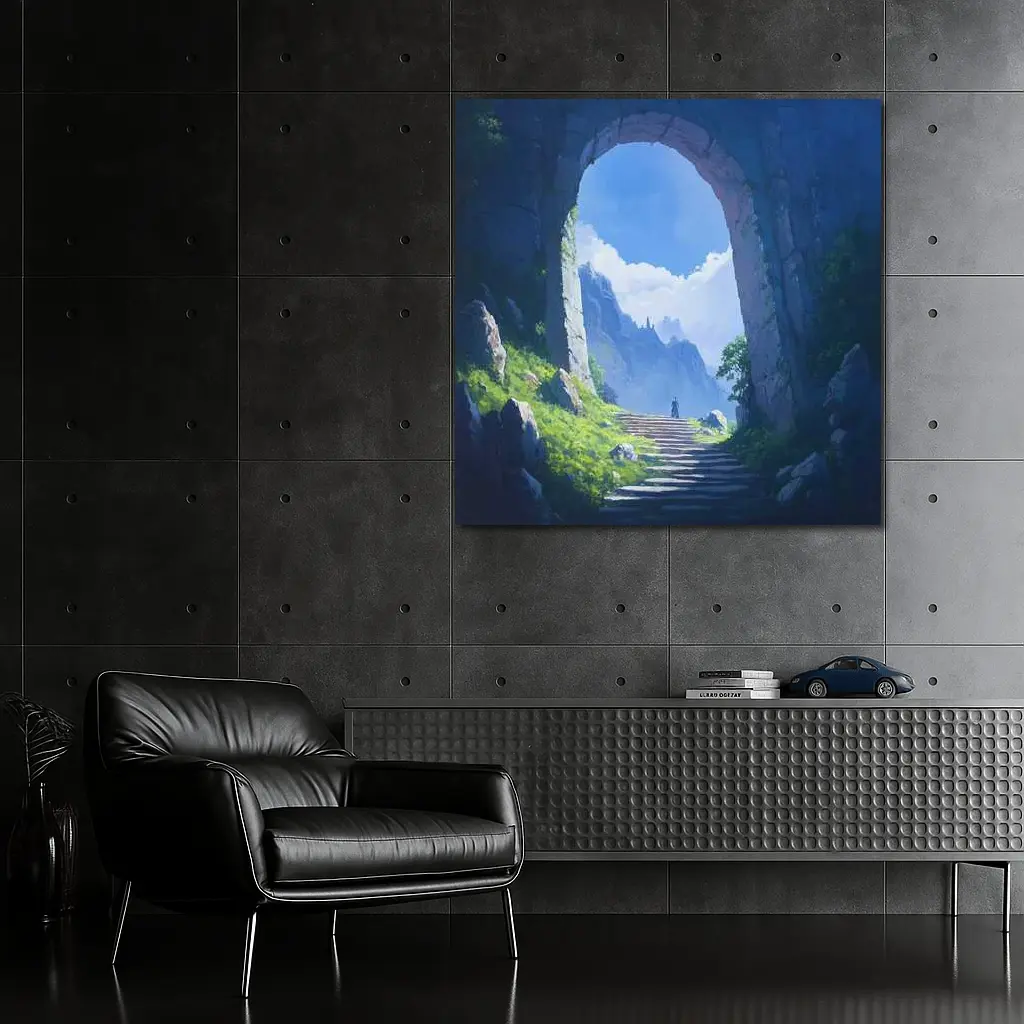 Fantasy Stone Arch Gateway Mountain Landscape Painting – Wall Art