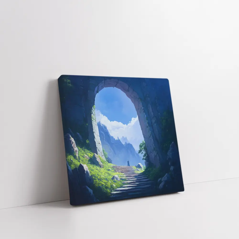 Fantasy Stone Arch Gateway Mountain Landscape Painting – Wall Art