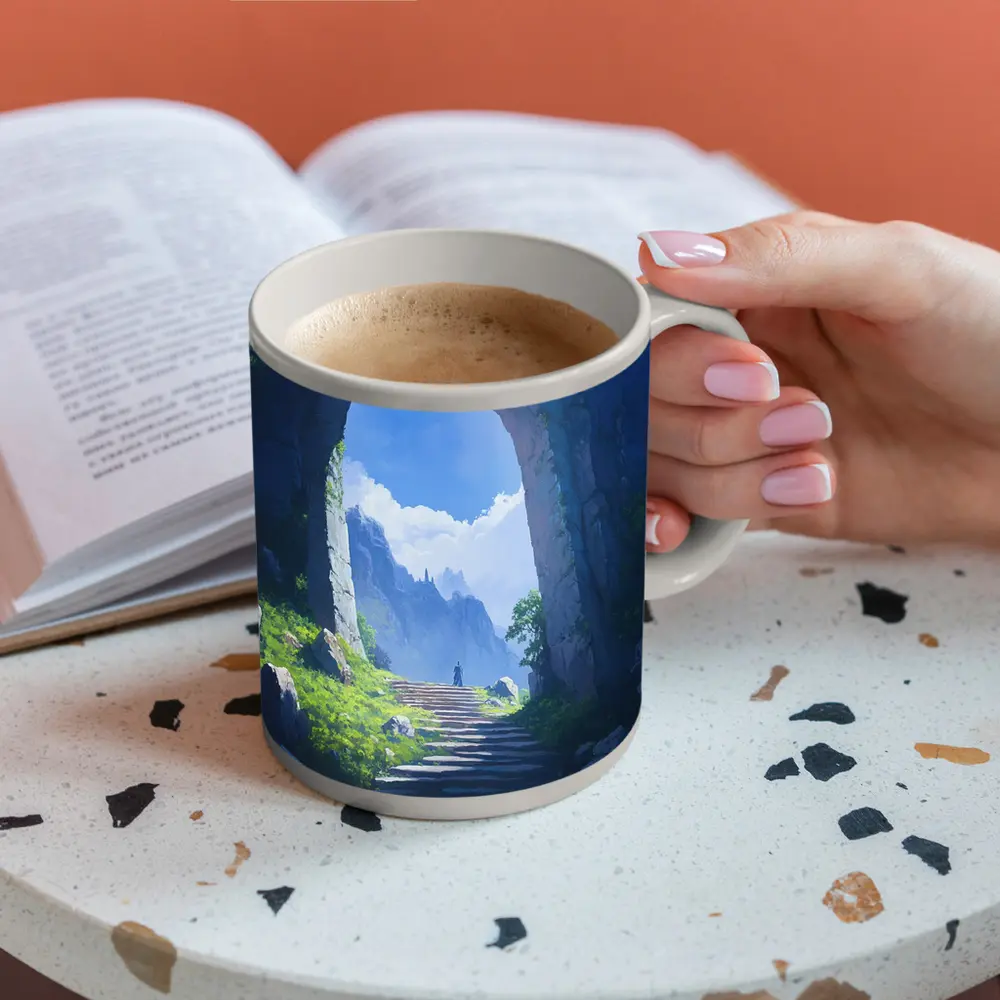 Fantasy Stone Arch Gateway Mountain Landscape Painting – Mugs