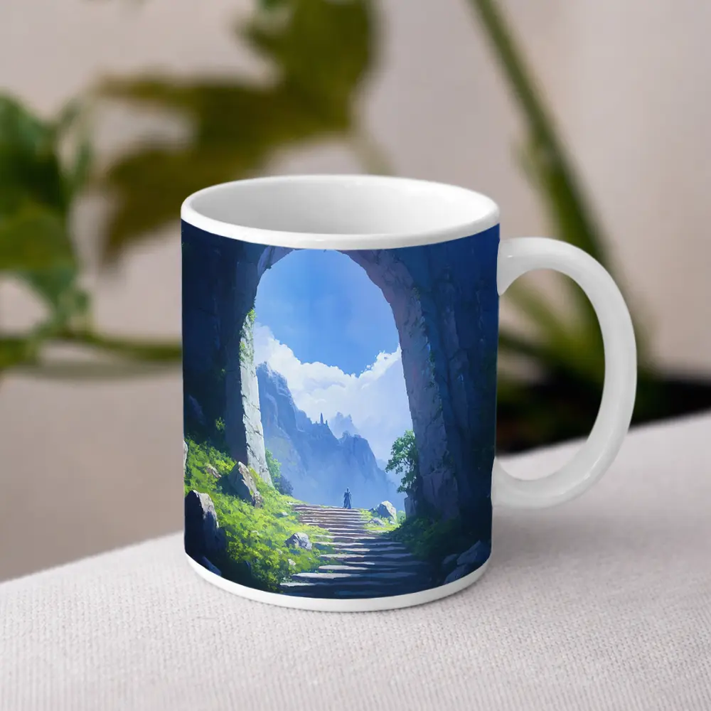Fantasy Stone Arch Gateway Mountain Landscape Painting – Mugs