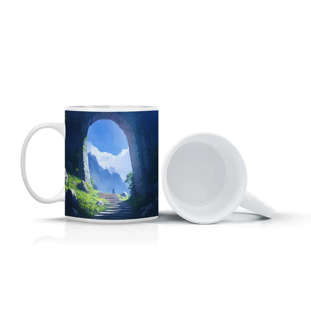 Fantasy Stone Arch Gateway Mountain Landscape Painting – Mugs
