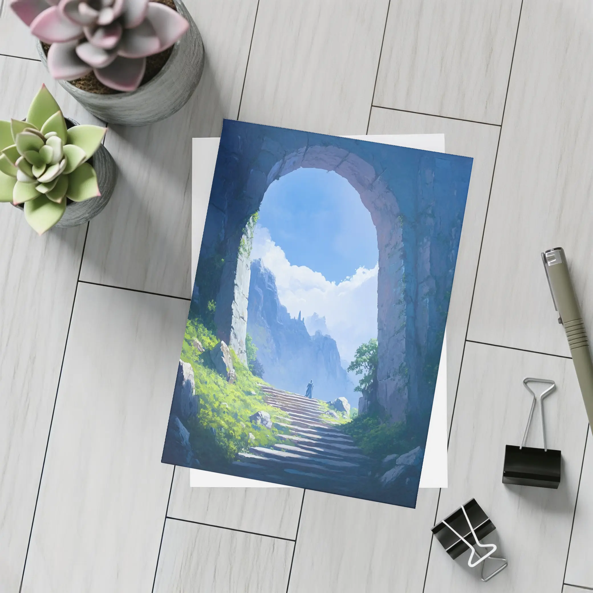 Fantasy Stone Arch Gateway Mountain Landscape Painting – Postcards