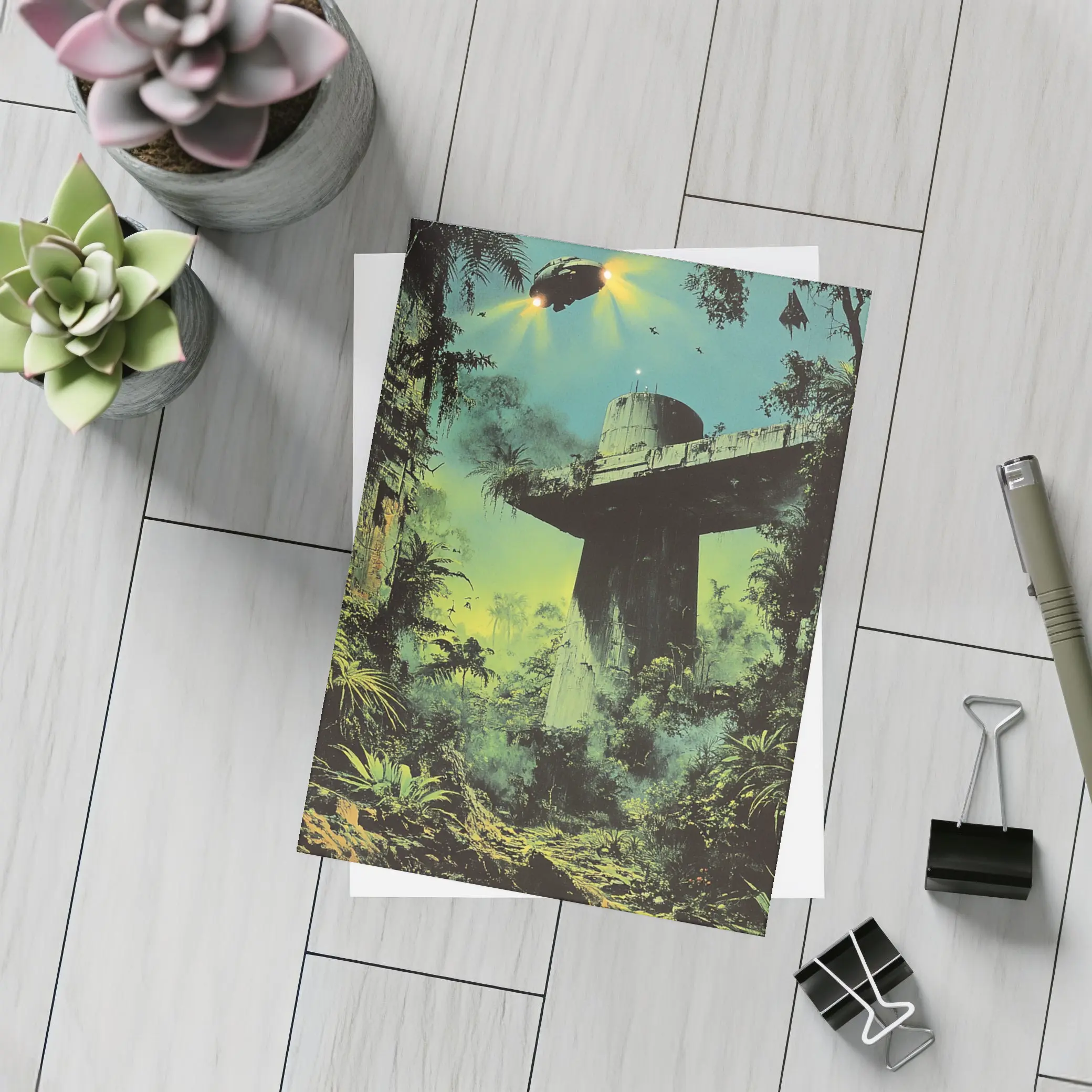 Sci Fi Jungle Ruins Spaceship Retro Fantasy Art – Postcards