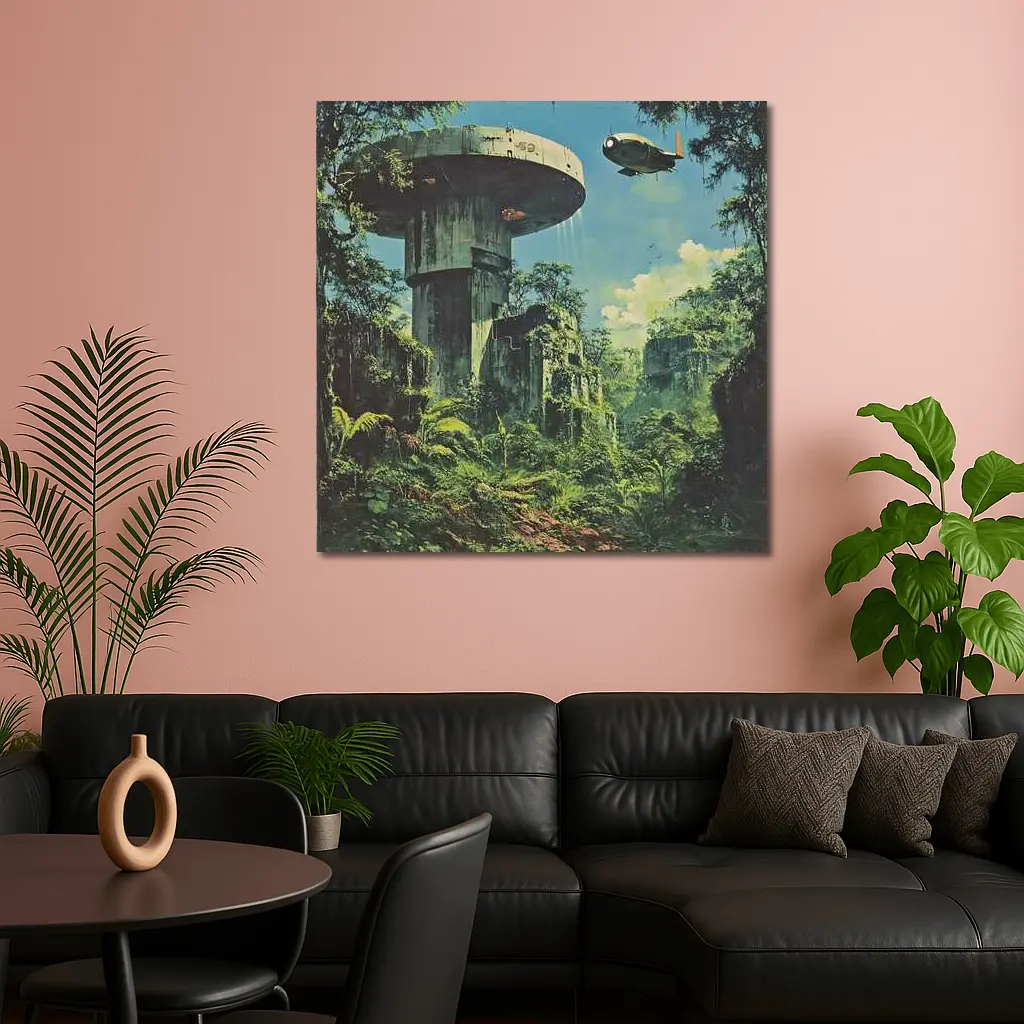 Retro Sci Fi Jungle Ruins Airship Art – Wall Art