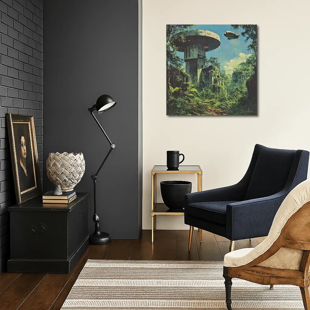 Retro Sci Fi Jungle Ruins Airship Art – Wall Art