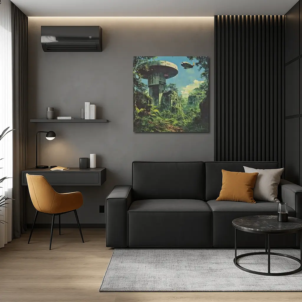 Retro Sci Fi Jungle Ruins Airship Art – Wall Art